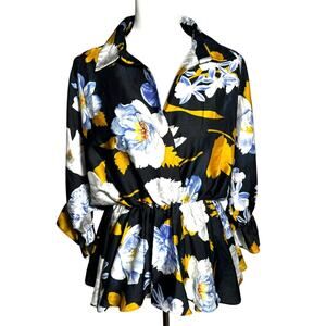 FAVORI Woman's Medium Black Blue Gold Floral Vintage Satin Blouse Backless Top‎
